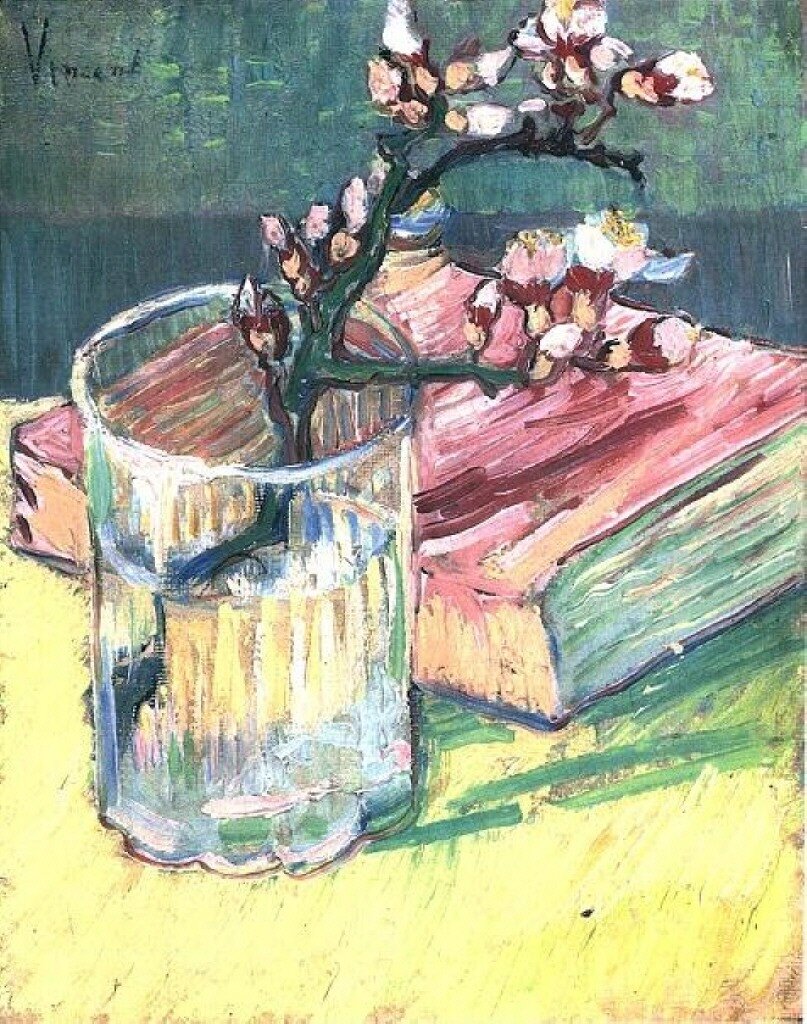 Ван Гог, Ветвь цветущего миндаля в вазе и книга 