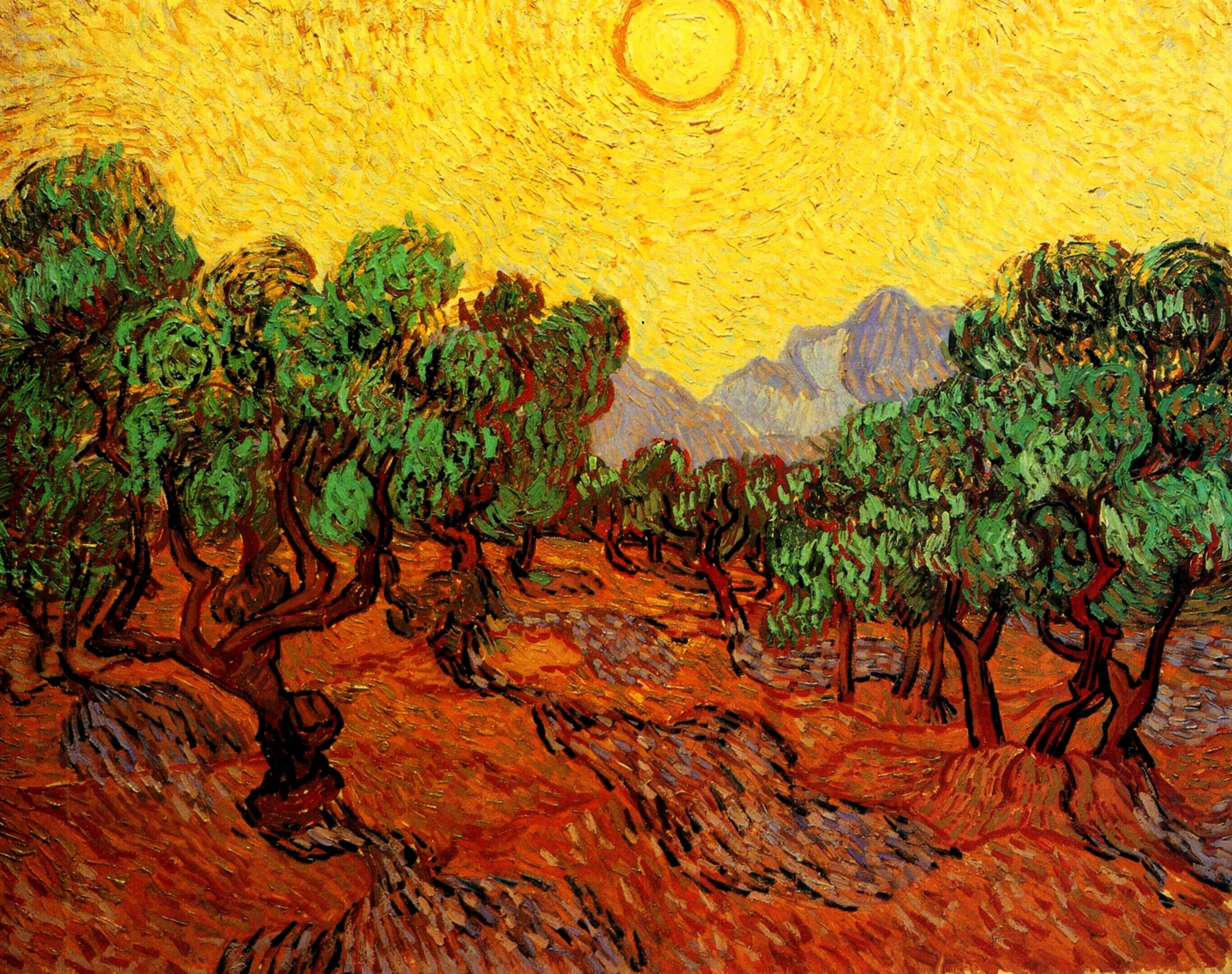  Ван Гог Оливковые деревья и желтое небо с солнцем 