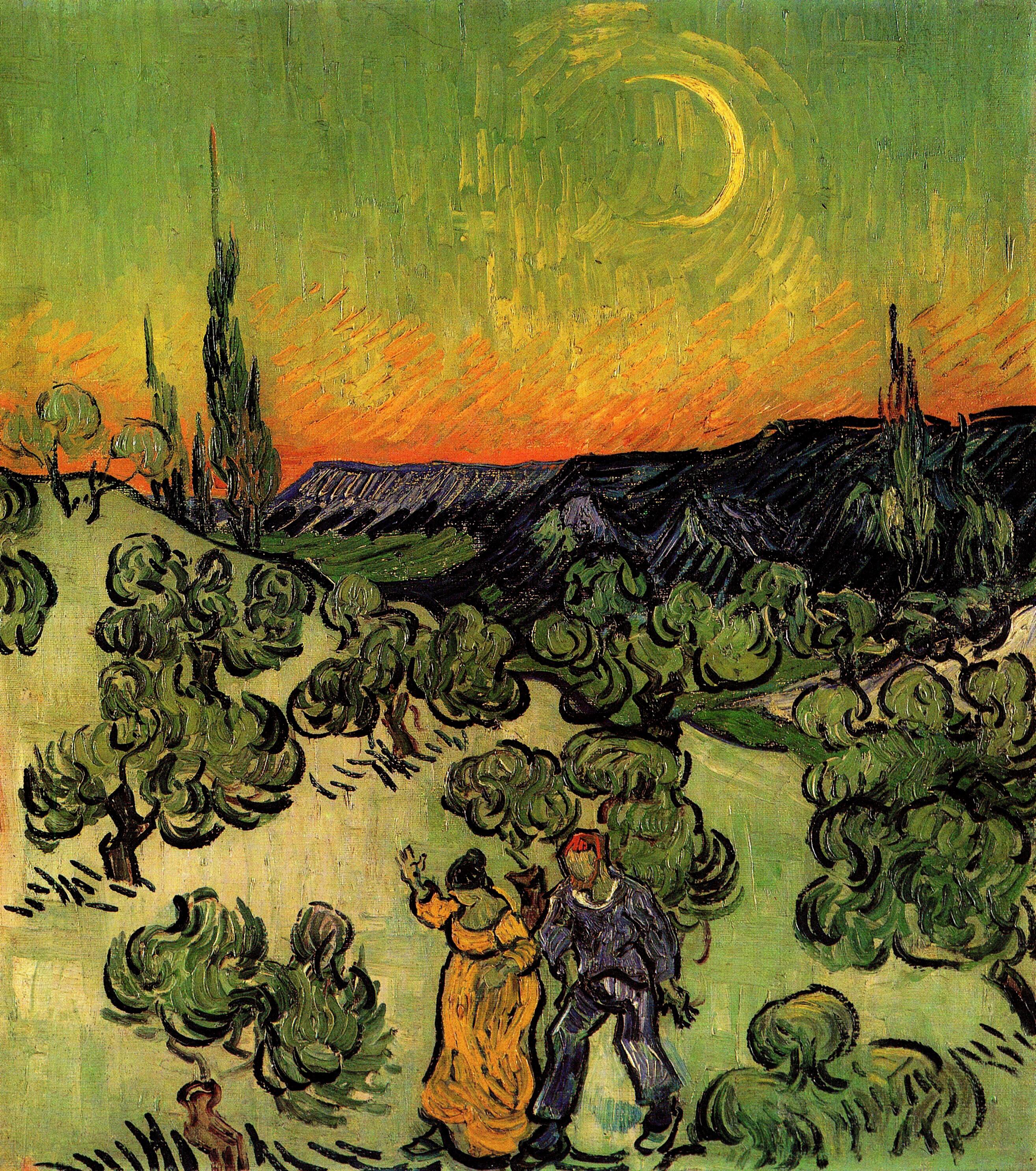  Ван Гог Пейзаж с прогуливающейся парой и полумесяцем 